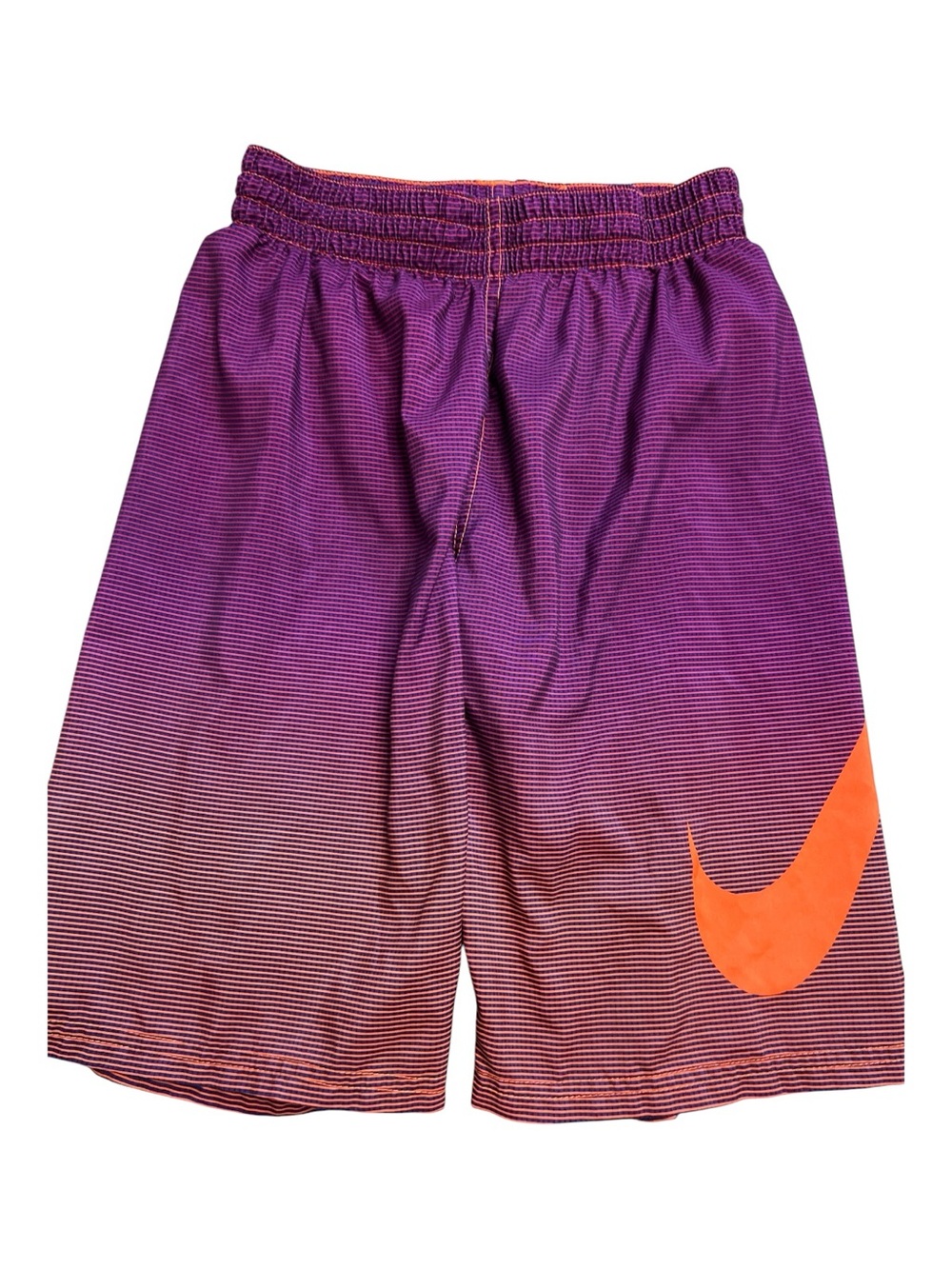 Nike Purple Athletic Shorts with Orange Swoosh. Color fade style